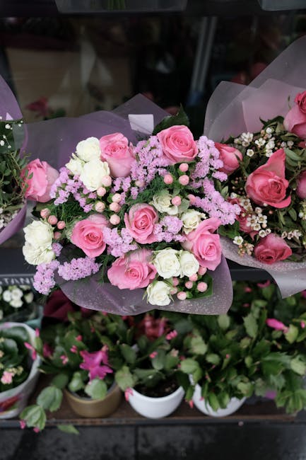 A bouquet of fresh pink and white roses, complemented by delicate pink and white filler flowers, arranged with lush green foliage. The flowers are wrapped in translucent lavender cellophane with hints
